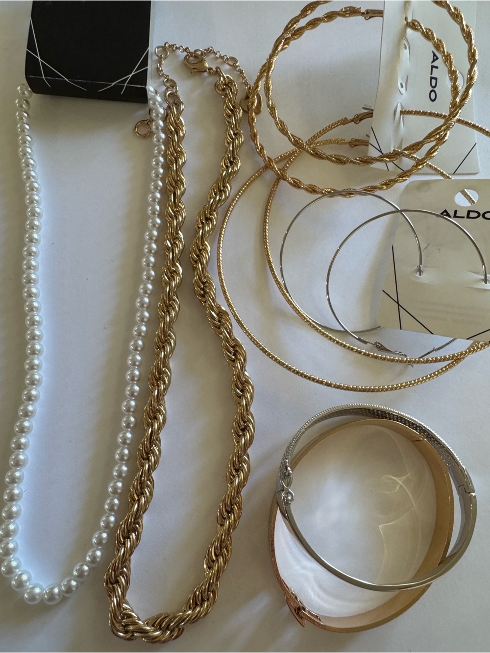 ALDO Gold Tone Hoops Earring and White Pearl Bracelet & Bangle Set